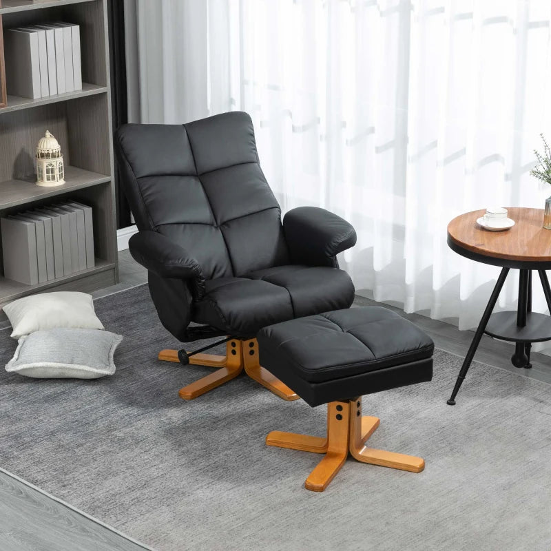 Swivel Reclining Armchair with Ottoman, Faux Leather Chair with Wooden Base and Storage Footstool for Living Room, Black