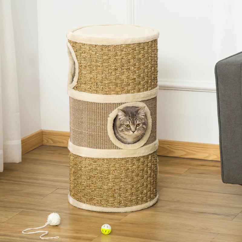 Cat Scratching Barrel Kitten Tree Tower Indoor Pet Furniture Climbing Frame with Sisal and Seaweed Rope Cozy Plush Platform