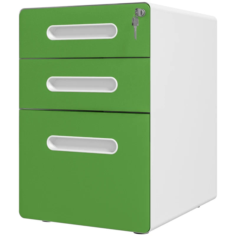 Vinsetto Lockable 3 Drawer Filing Cabinet on Wheels - Steel File Storage for A4, Letter, Legal Files - Green