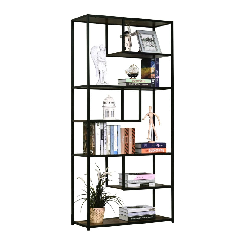Industrial 6-Tier Bookcase - Tall Steel Frame Shelf Unit for Home Office, Living Room, Rustic Brown & Black, 82x33.5x175 cm