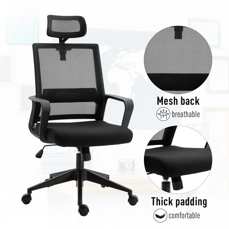 Ergonomic Mesh Swivel Office Chair with Adjustable Headrest & Lumbar Support - High Back Task Chair, Black, Adjustable Height