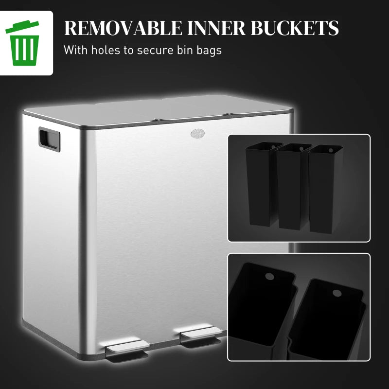 3 x 15L Steel Pedal Bin Set - Triple Kitchen Trash Can with Soft Close Lid, Removable Buckets, Fingerprint-Proof Silver