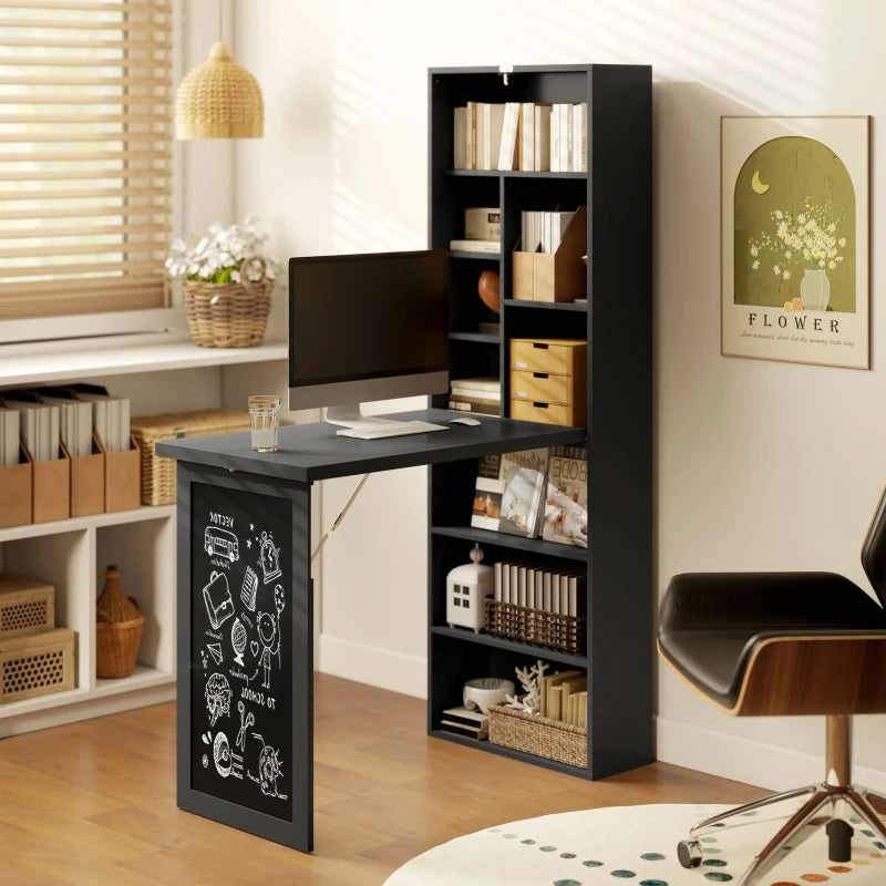 Black Three-Part Work Desk with Storage & Chalkboard - Stylish Home Office Furniture for Productivity