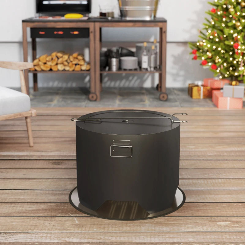 Outdoor Round Fire Pit with Lid & Poker - Durable Black Steel Design for Backyard Patio Heating & Ambiance