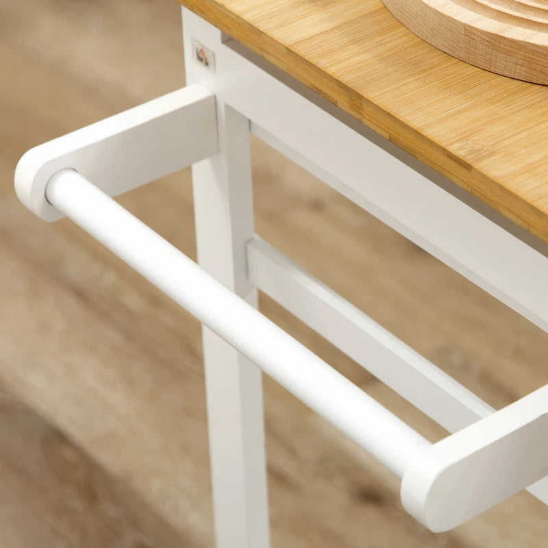 Bamboo Kitchen Island Set with 2 Stools, Rolling Breakfast Cart, Drop Leaf Top, Drawers & Towel Rack - White