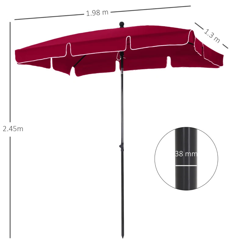 Red Rectangular Garden Parasol with Ruffles & Tilting Canopy