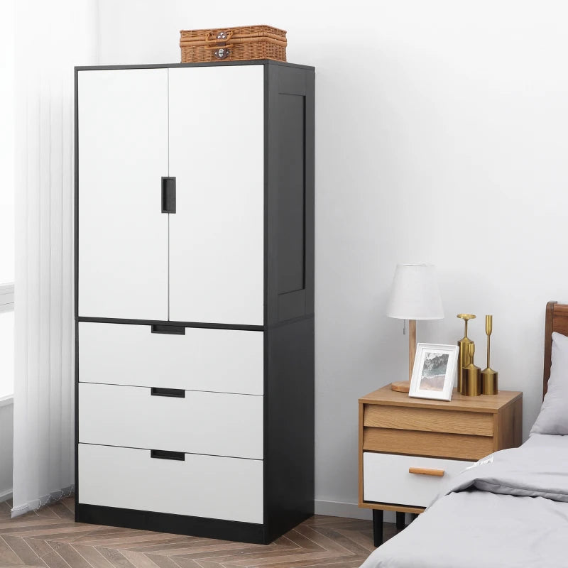 Modern Black 2 Door Wardrobe with 3 Drawers and Hanging Rod for Bedroom Storage