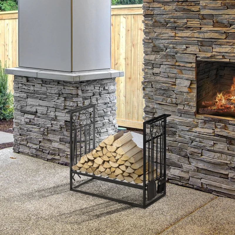 Steel Firewood Log Holder Rack - Indoor Outdoor Fireplace Wood Storage with Tools, Hooks, Rust-Resistant, Black, 75L x 30W x 60H cm