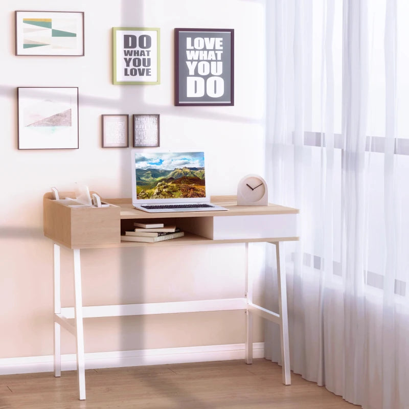 Modern Oak & White Computer Desk with Drawer, Storage, Cable Management - Stylish Writing & Study Workstation, 100x55x81.5cm