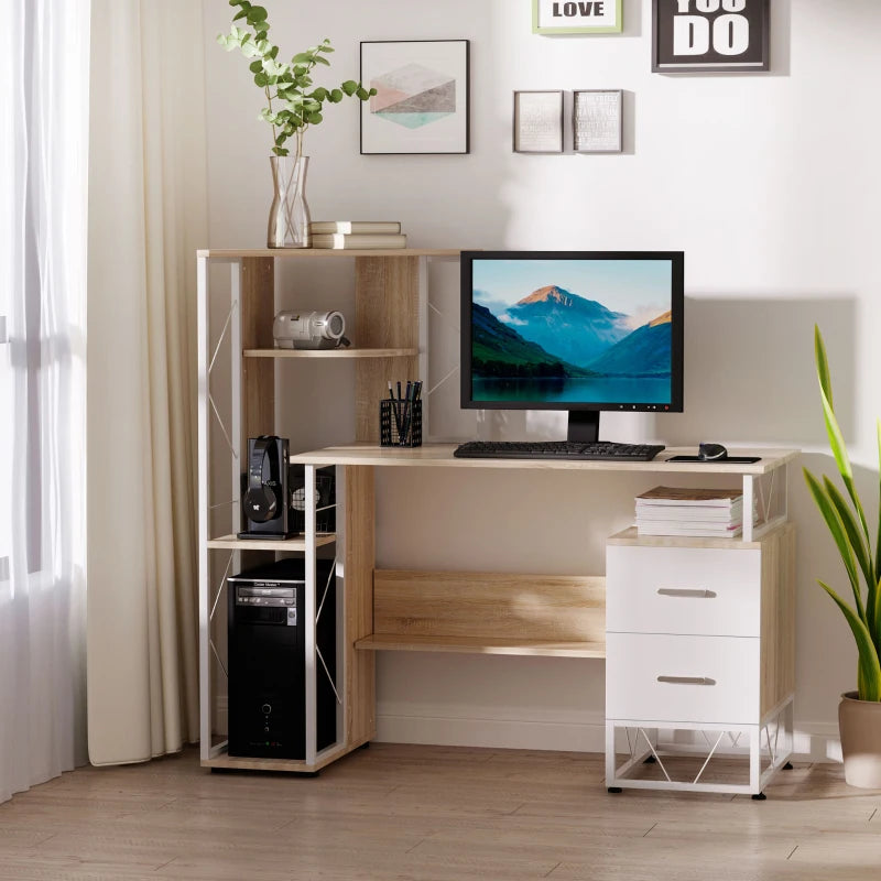 Oak Computer Desk with Drawers & Bookshelf - Stylish Writing Desk for Home Office & Study Workstation with Storage Shelves