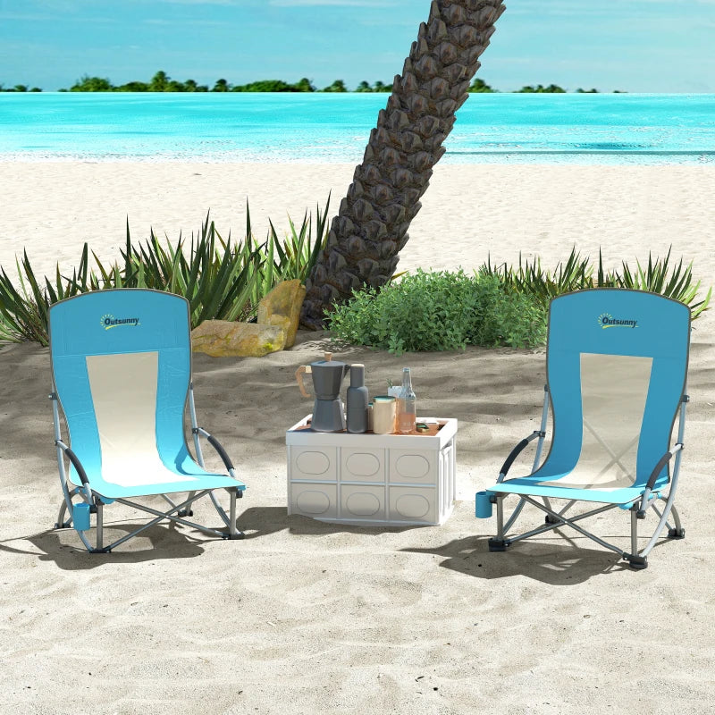 Set of 2 Low Folding Beach Chairs with Mesh Back Carry Bag and Cup Holder for Outdoor Camping Garden Picnic Travel Blue