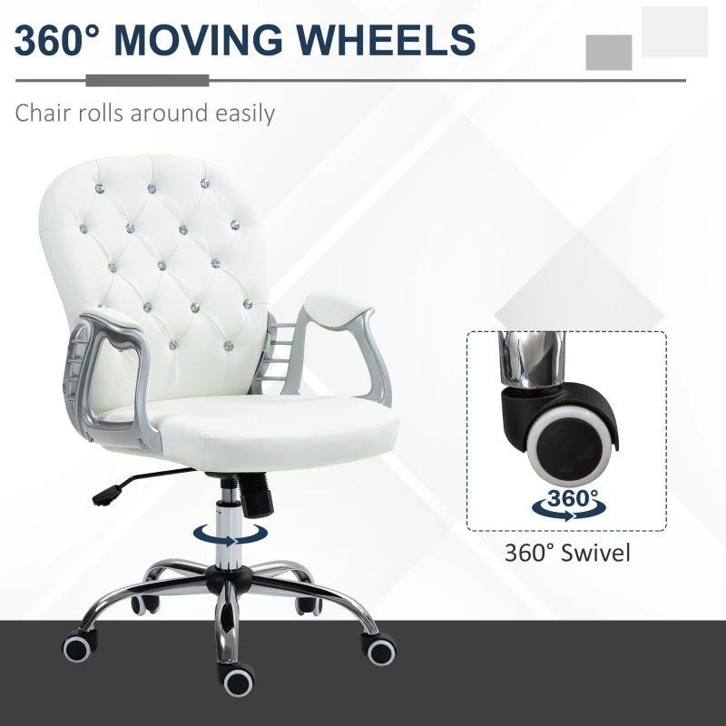 Ergonomic 360 Degree Swivel Office Chair with PU Diamante Padding and 5 Castor Wheels for Home and Work in White