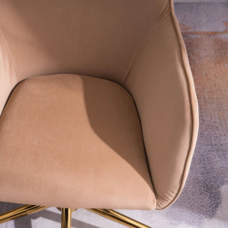 Velvet Adjustable Height Swivel Office Chair with Gold Legs and Ergonomic Backrest, Coffee Colour, 58x58x86 cm