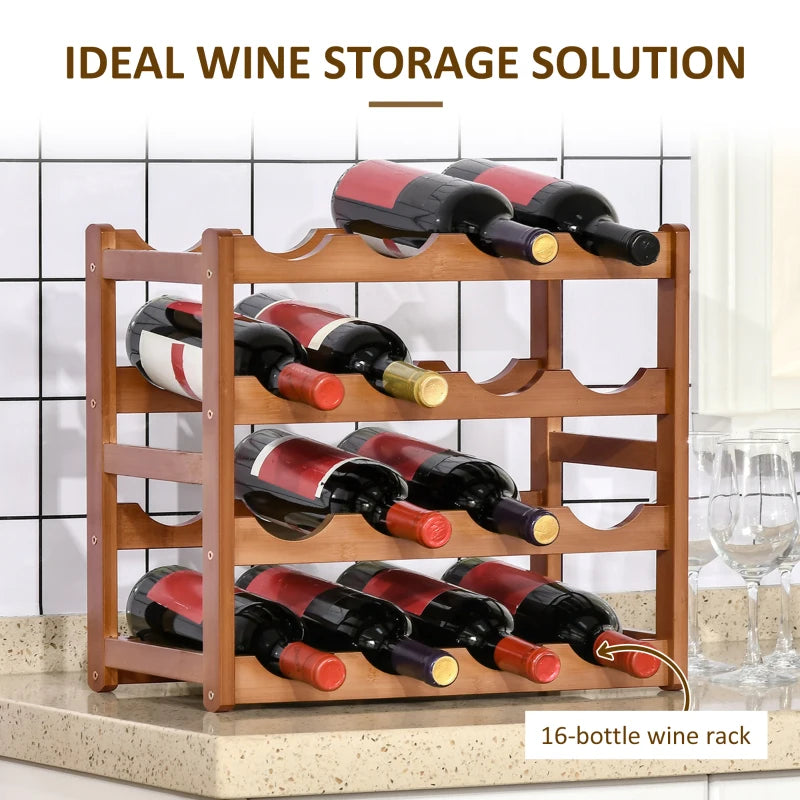 Free Standing Bamboo Wine Rack - 16 Bottle Holder, 4-Tier Water Bottle Organizer, Stylish Display Shelf for Home Bar, Brown