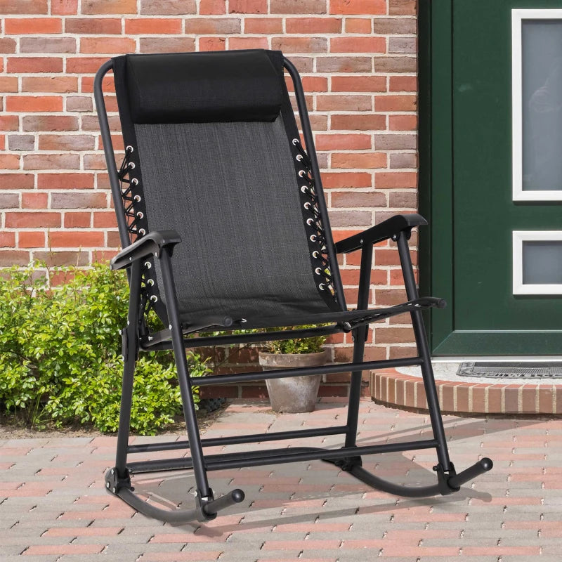 Black Folding Rocking Chair with Headrest for Outdoor Use