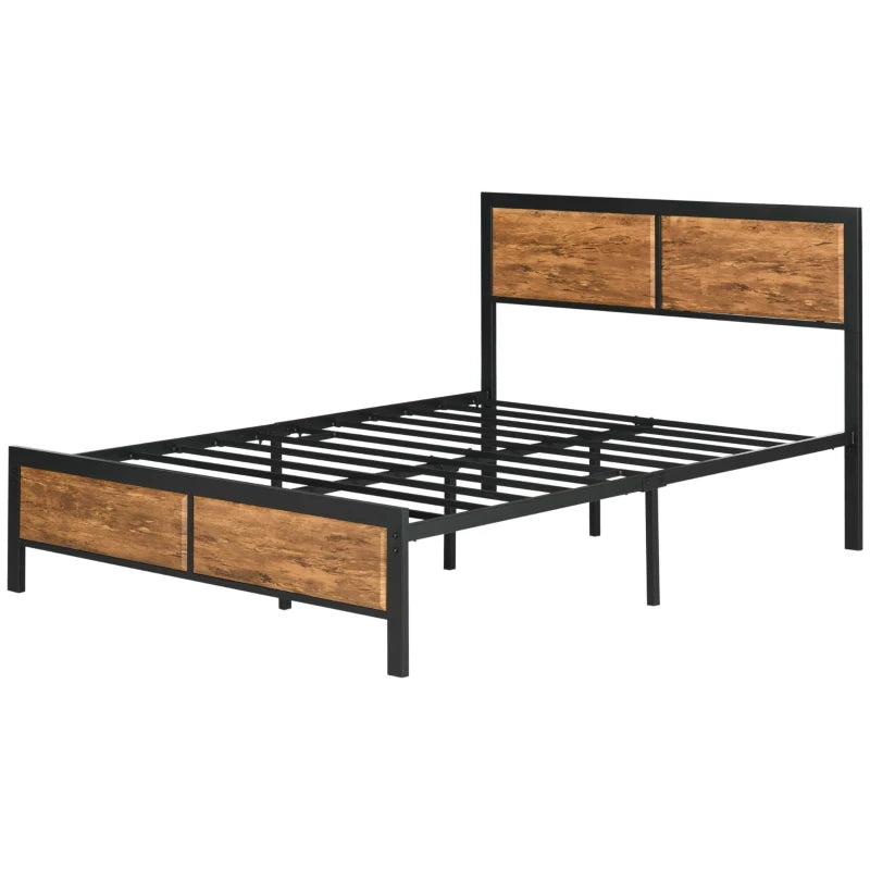 Industrial Double Bed Frame 5FT Steel Base with Headboard & Footboard, Slatted Support, Under Bed Storage, Rustic Brown 142x195cm