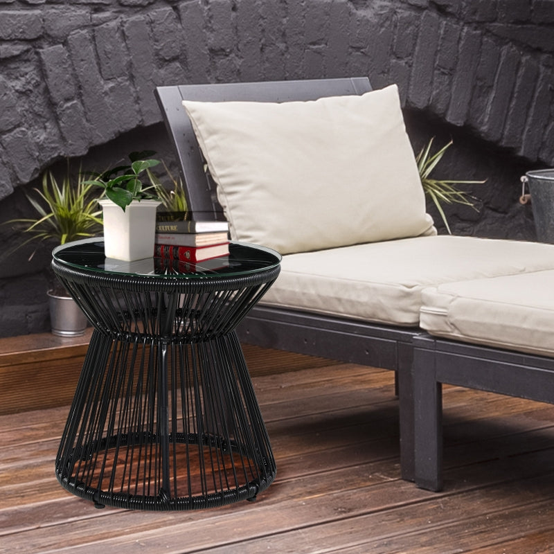 Black Rattan Drum Coffee Table with Glass Top for Outdoor Spaces