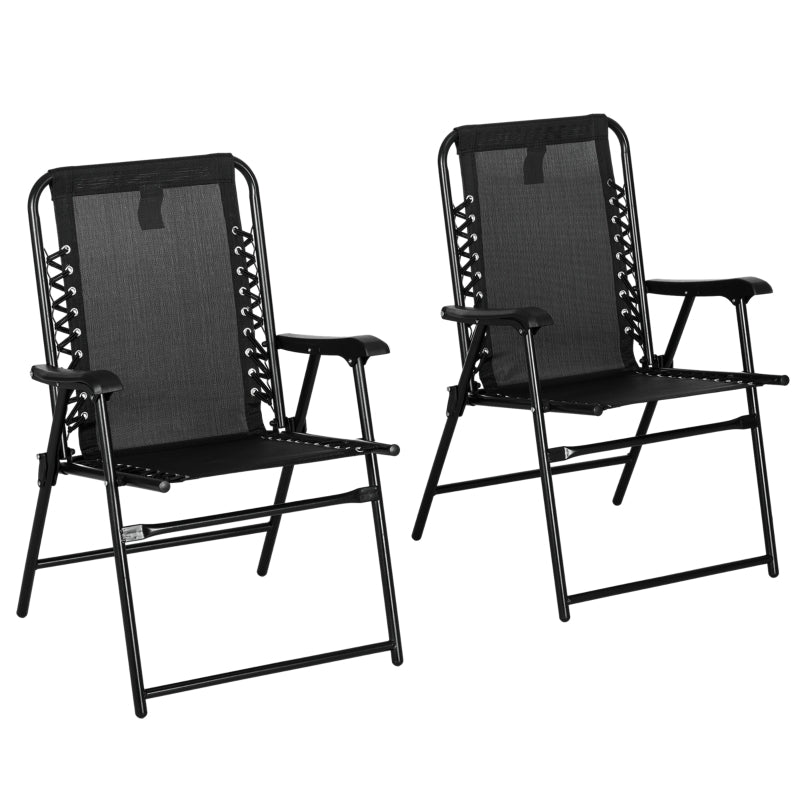 Black Folding Outdoor Patio Chairs Set, 2 Pcs, Armrests, Steel Frame
