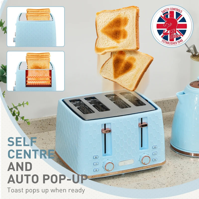 Light Blue Kettle and Toaster Set - 1.7L Fast Boil Jug Kettle & 4 Slice Toaster with 7 Browning Levels