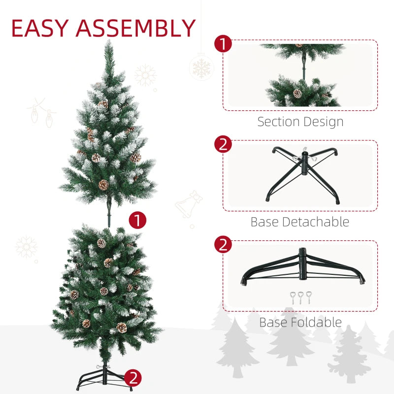 5 Ft Snowy Artificial Christmas Tree with Realistic Branches & Pine Cones - Indoor Holiday Decoration in Green & White