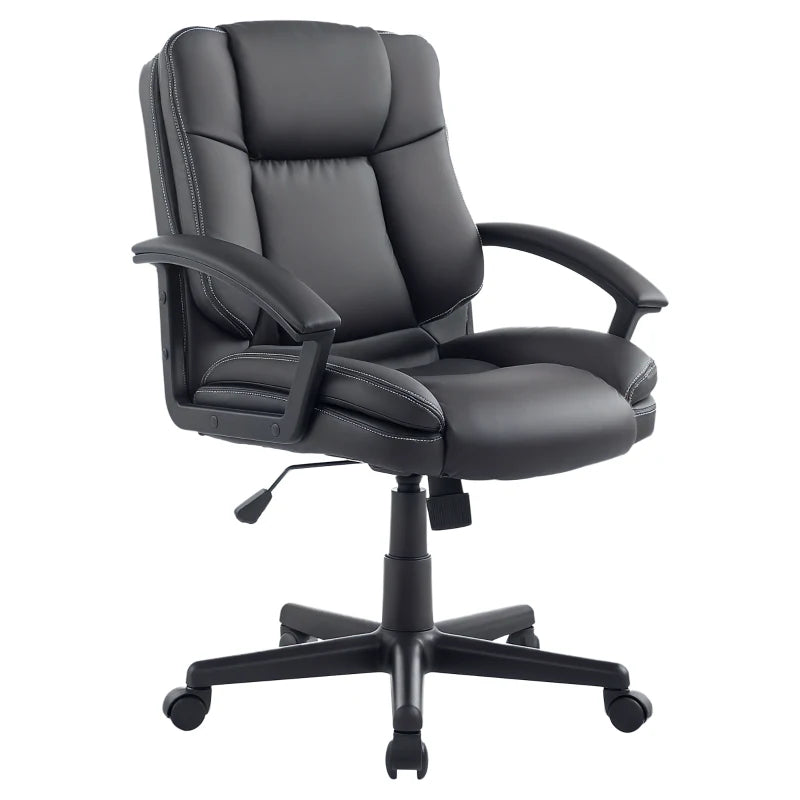 Ergonomic PU Leather Office Chair - Adjustable Mid Back Executive Desk Chair with Swivel Wheels for Home & Study, Black