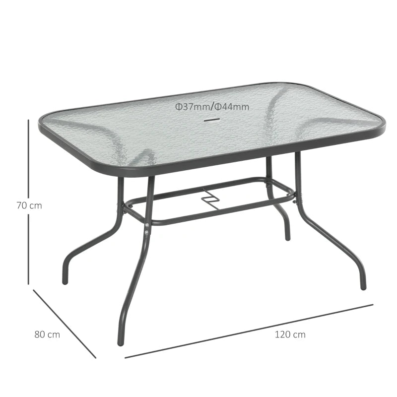 Grey Outdoor Dining Table with Glass Top and Parasol Hole - 120x80cm