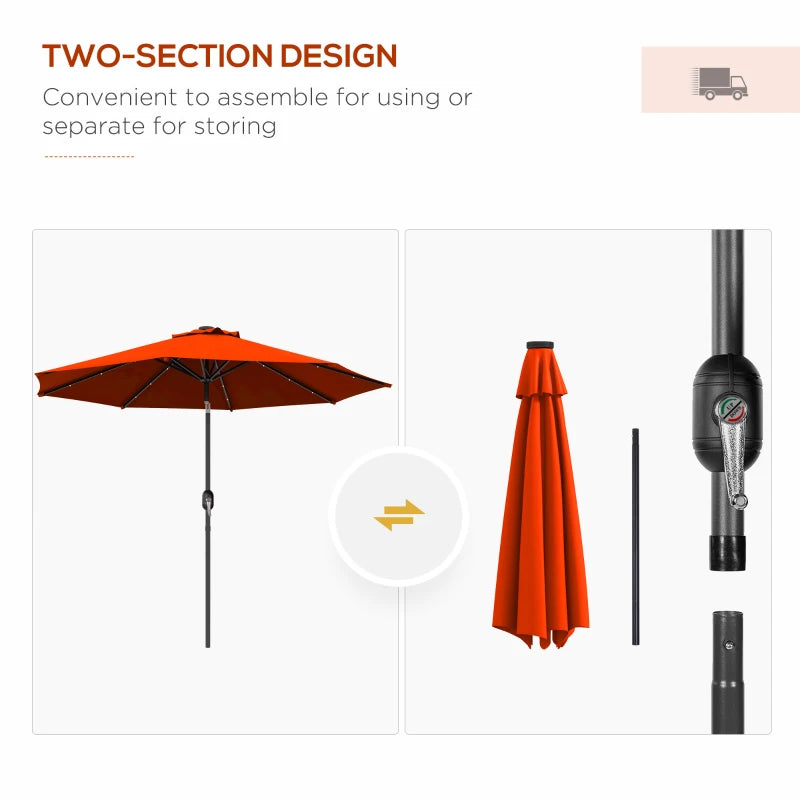 Orange 2.7m Patio Umbrella with Tilt Crank and LED Lights