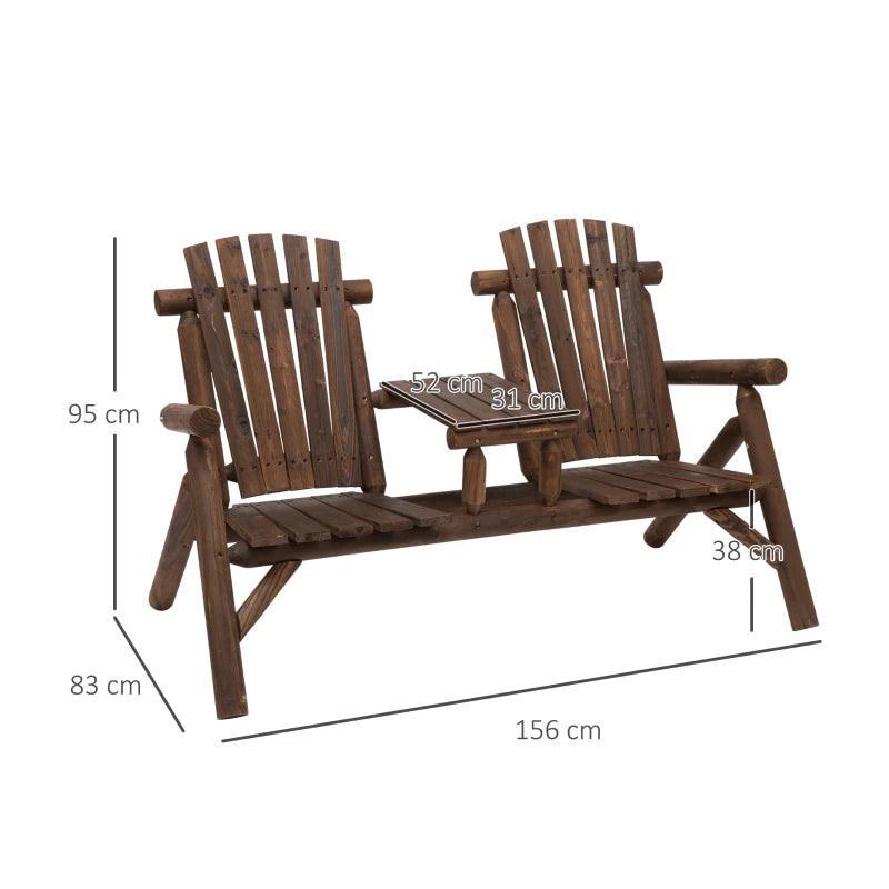 Carbonized Wood Garden Bench with 2 Seats and Coffee Table