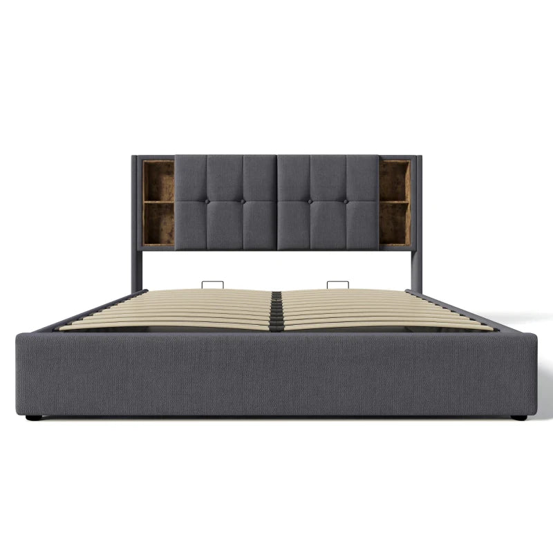 Grey Double Bed with Storage, Wireless Charging Headboard & Fast Charging Ports - Pine Wood Frame for Modern Bedrooms