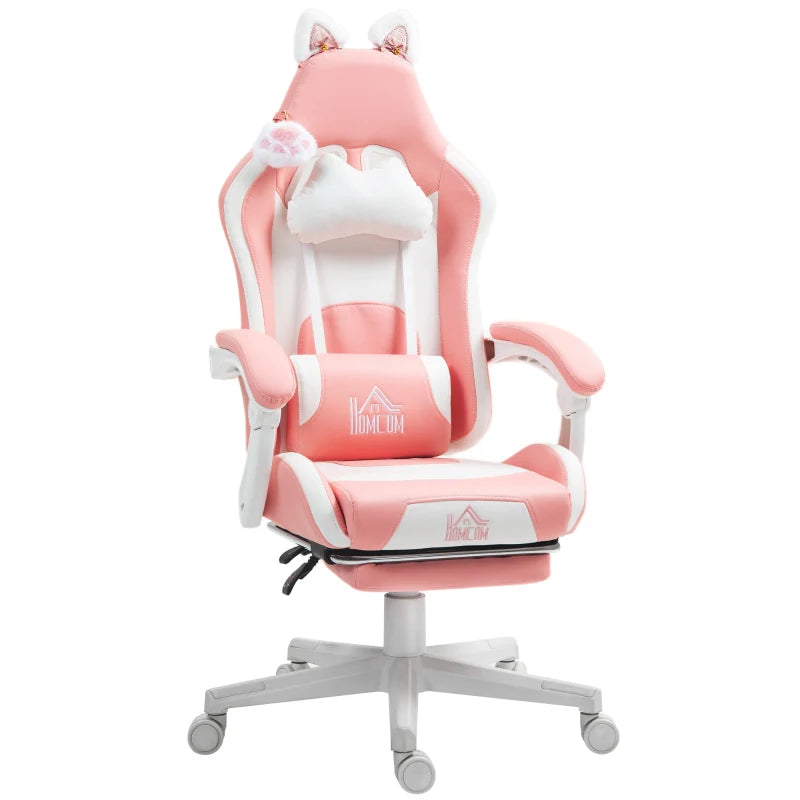 Cat Ear & Paw Reclining Office Chair with Footrest - Stylish Pink/White Design for Comfort & Fun