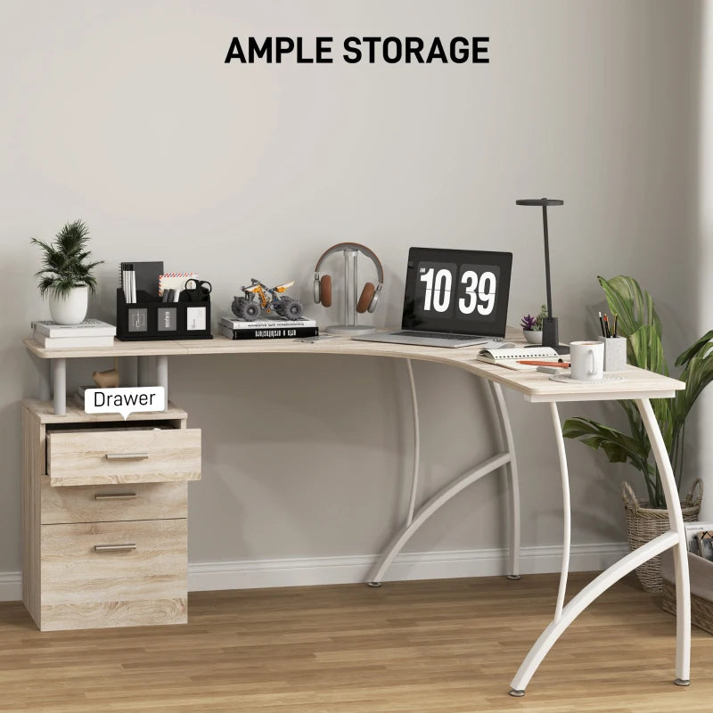 L-Shaped Computer Desk with Storage Drawer - Industrial Home Office Corner Workstation for A4 Files, Oak Finish, 143.5cm