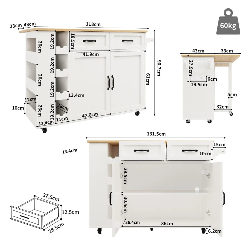 Space-Saving Kitchen Island Trolley with Power Strip, Folding Design & Wine Rack - White & Natural, 131.5L x 76W x 91H cm