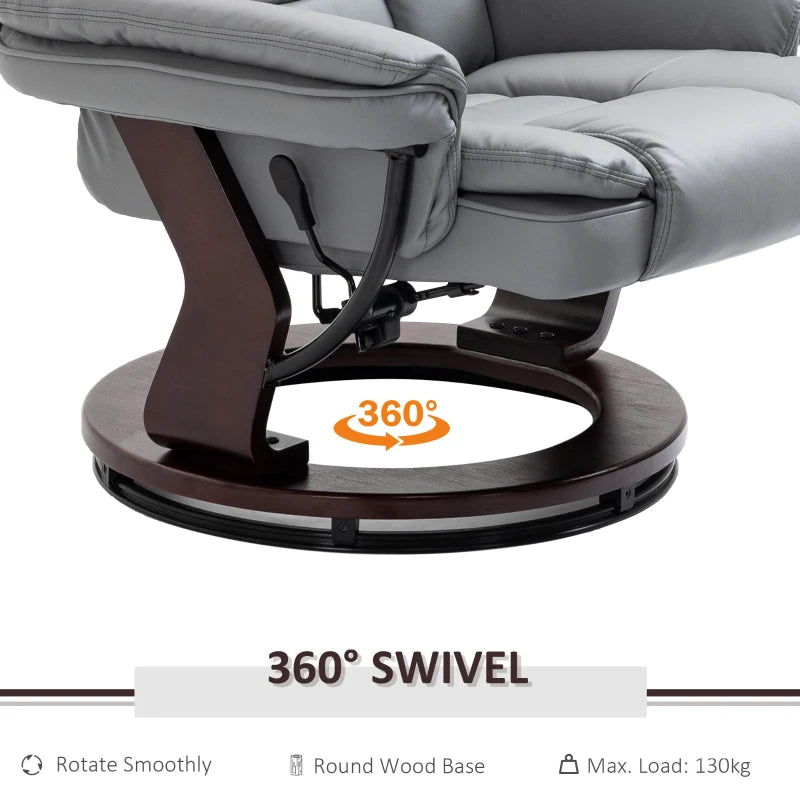Ergonomic Recliner Chair with Footstool, 130kg Capacity, 135° Reclining Swivel Sofa for Living Room, Grey PU Leather