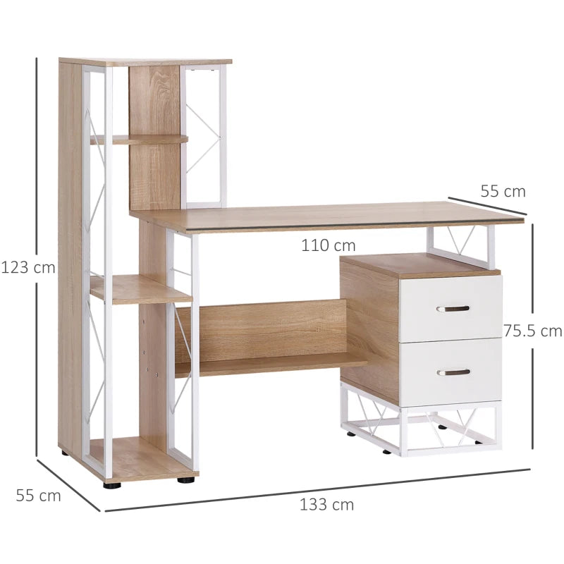 Oak Computer Desk with Drawers & Bookshelf - Stylish Writing Desk for Home Office & Study Workstation with Storage Shelves
