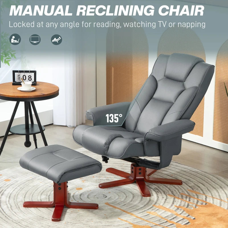 Grey Faux Leather Manual Recliner and Footstool Set for Ultimate Comfort and Relaxation