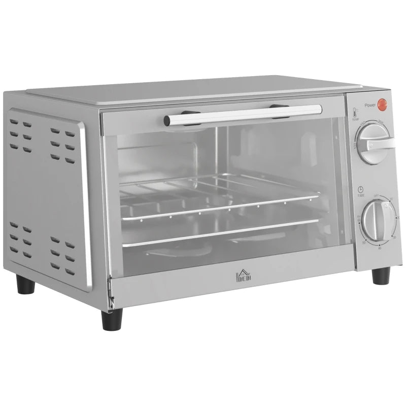 Compact 9L Mini Oven & Electric Grill - Adjustable Temp, Timer, Dishwasher Safe Tray, 750W, Silver Countertop Toaster Oven
