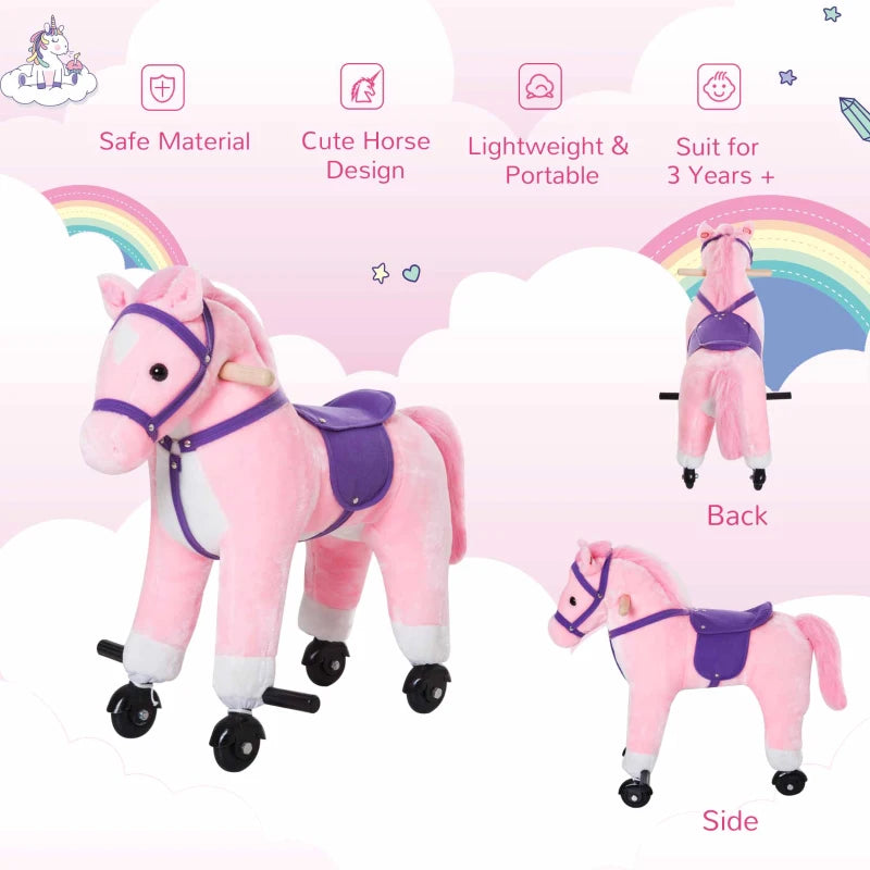 Plush Rocking Horse Ride On Toy for Kids with Sound for Ages 2 and Up Pink