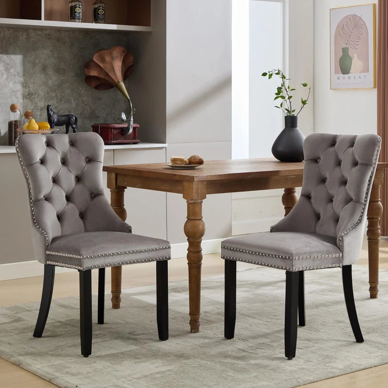 Set of 2 Grey Velvet Dining Chairs with Knocker Ring, Button Tufted Backrest & Rubber Wood Legs - Stylish & Comfortable