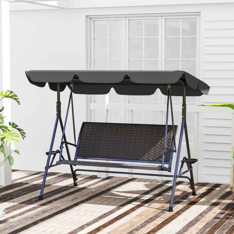 3 Seater Garden Swing Chair with Adjustable Canopy, Rattan Seat & Steel Frame, Grey
