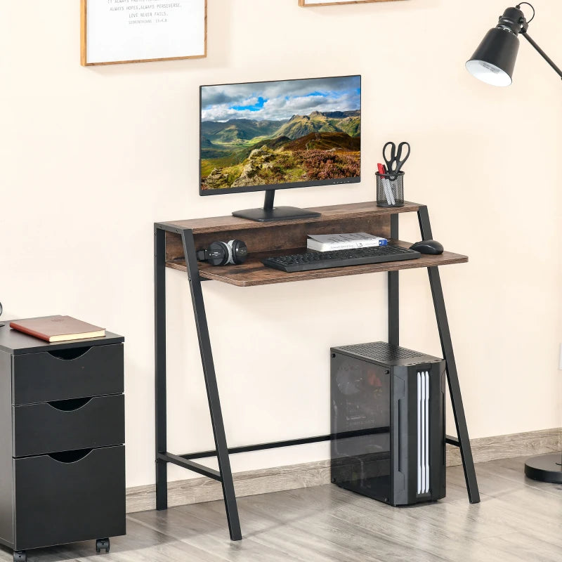 Rustic Brown Writing Desk - 84L x 45W cm Computer Table for Home Office, PC & Laptop Workstation with Storage Shelf