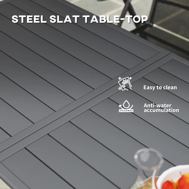 Outdoor Rectangle Garden Table for 6 - Slat Top, Steel Frame, 150x80 cm, Grey