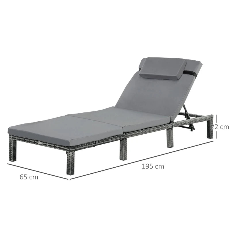 Grey Rattan Sun Lounger with Padded Cushion & 5-level Recline