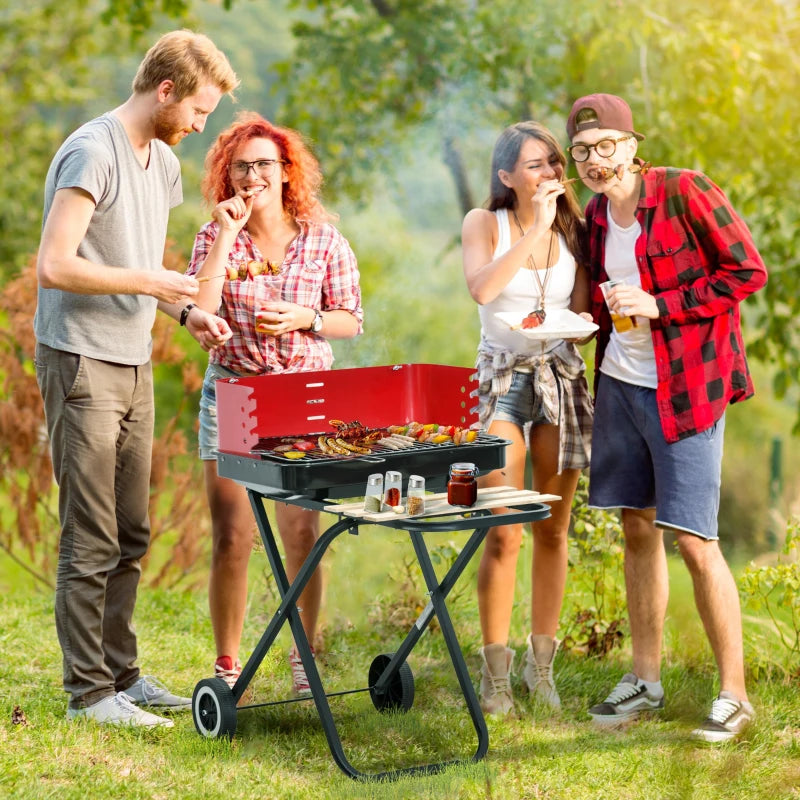 Portable Charcoal BBQ Grill with Windshield and Side Trays, Black/Red