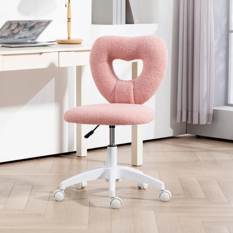 Pink Armless Heart Computer Desk Chair - Teddy Fleece Swivel Office & Makeup Vanity Chair, Height Adjustable with Wheels for Home Study