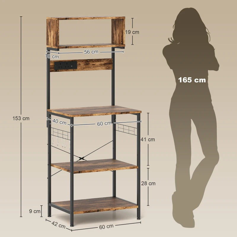Rustic Brown Bakers Rack with Power Outlet & USB Charger - Adjustable Microwave Stand & Kitchen Storage Unit with 5 Hooks