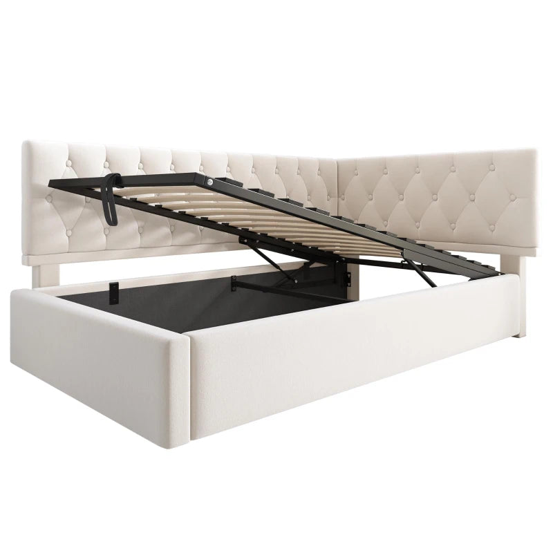 Upholstered Daybed Sofa Bed with Hydraulic Storage Ottoman, Reversible Headboard, 196x100x77 cm, Beige - Stylish & Functional