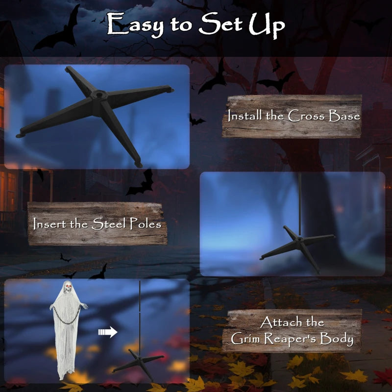 183 cm Life Size Animated Grim Reaper Skeleton with Glowing LED Eyes - Scary Halloween Decoration, Battery Operated Indoor Party Prop