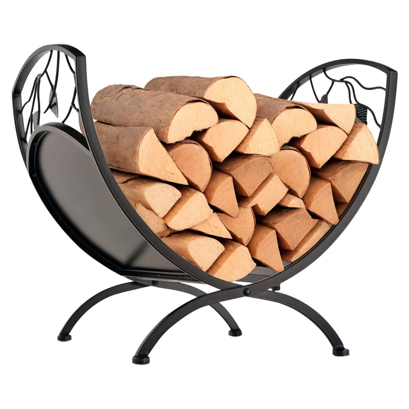 Metal Arced Firewood Log Holder Rack - Indoor Outdoor Folding Wood Storage Shelf with Leaf Pattern, Black, 43.5W x 36.5D x 41H cm