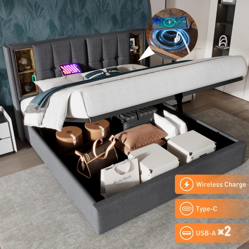 Upholstered King Size Bed Frame with Wireless Charging & Hydraulic Storage - Grey Linen Fabric, 206L x 155W x 100.5H cm
