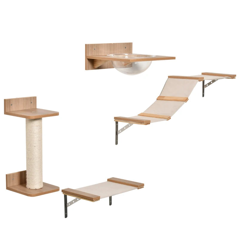 4PC Wall-Mounted Cat Climbing Shelf Set - Cat Tree Activity Center with Hammock & Scratching Post - Brown